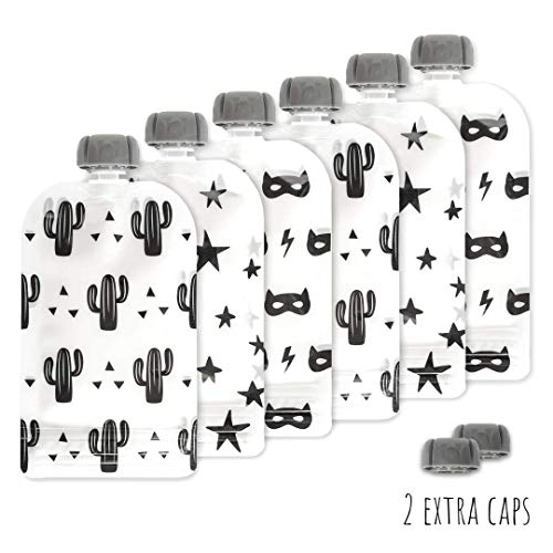 Reusable Food Pouches - Baby Food Storage Containers - Set of 6 - Squeeze Pouch for Kids Toddlers - Cactus, Stars, Superhero