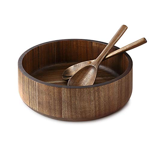 Miusco Natural Acacia Wooden Large Salad Serving Bowl with Tongs Set
