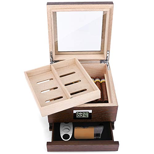 Handmade Cedar Cigar Humidor, Natural Wood Texture Glass Top Cigar