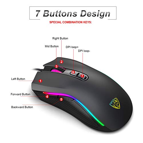 GTRACING Gaming Mouse 7200 DPI 7 Programmable Rgb Wired Ergonomic Game Usb Computer Mice Rgb Gamer Desktop Laptop Pc Gaming Mouse, Breathing Light 7 Buttons for Windows 7/8/10/XP Vista , Black