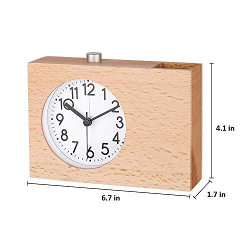 SkyNature Kids Alarm Clock, Pen Holder Clock with Snooze & Night Light, Silent Non-Ticking Battery Operated Wooden Desk Clock for Girls Boys Students - Burlywood, 6 Inch