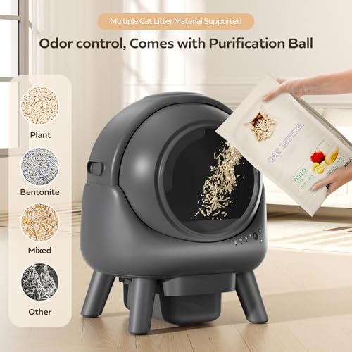 Beokeo Automatic Cat Litter Box, Smart Self-Cleaning Litter Box for Multiple Cats, App Control Robot Cat Litter Box with Odour Control, Safety Sensors, Litiere Automatique Pour Chat, Grey