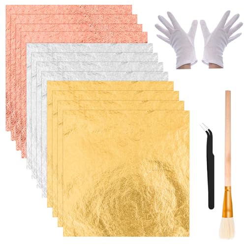 Zhaoyao 300Pcs Gold Leaf Sheets for Art, 6.3in x 6.3in Foil Sheets with 3 Colors Gold Silver & Rose Gold Foil Sheets for DIY Crafts or Painting with 1 Brush, 1 Tweezer and 2 Gloves