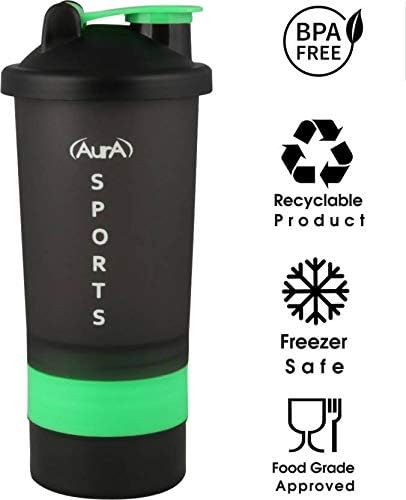 FITLYFE Stackable Protein Shaker Bottle (600ml) BPA Free No Stink Dishwasher Safe Interlocking Storage Compartment Vitamins/Supplements-Green