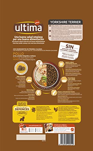 Ultima Pienso para Perros Yorkshire Terrier con Pollo - 3 kg 4 Tamaño de partícula adaptado a su mandíbula
Pelo brillante y piel sana: ácidos grasos omega-3 y omega-6, biotina y zinc
Control del sarro y del mal aliento: partícula crujiente con pirofosfatos, té verde