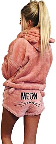 SEENFUN Women’s Pajamas Cozy Sleepwear Fleece Meow Embroidered Hoodie Pj Set