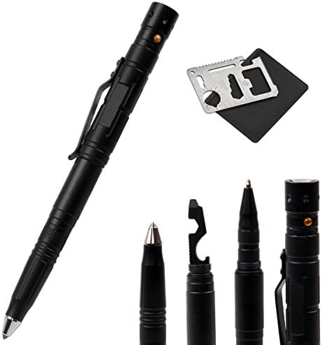 Tactical pen with LED flashlight, Multi 4 in 1 self defense Survival kits &amp; FREE Card Survival Tool - Aluminum Alloy, Emergency Survival Pens for Writing/ Self Defense/ Glass breaker (Black)