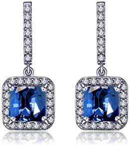Blue Silver Square Swarovski Austrian Crystal 18K White Gold Plated Cubic Zirconia Drop Earrings for Women(CTC - 131)