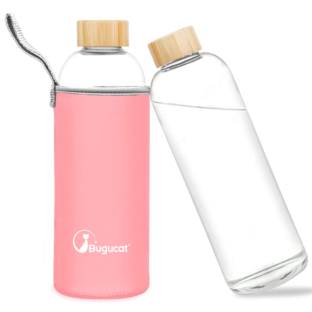Bugucat Borosilicate Glass Water Bottle 1000ML, Reusable Water Bottle Glass with Protective Sleeves and Leak-Proof Lid, Glass Water Bottle 1 Litre Glass Drinking Bottle Ideal for Hot Cold Drinks,Pink