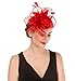 SAFERIN Fascinator for Women Hair Clip Hat Bowler Feather Flower Veil Wedding Party Hat Tea Hat（TA2-Red）