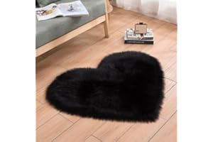 ZuTKekon Faux Fur Sheepskin Heart Shaped Area Rugs, 16"x20" Luxurious Wool Love Floor Carpets Bathroom Non-Slip Mat for Home Decor Nursery Living Room Bedroom Pet Kids and Baby Room (Black)