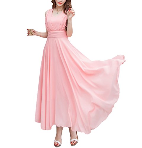 Afibi Women Double Sleeveless Ruched Waist Ladies Long Evening Dress (Large, Pink)