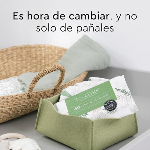 LILLYDOO Green Toallitas húmedas naturales, 5 paquetes de 60, 300 toallitas, 100% tejido sin plásticos y sin fragancias, FSC Mix