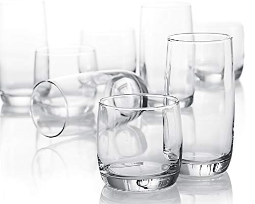 Set of 16 Drinking Glasses, Heavy Base Durable Glass Cups - 8 Highball Glasses (17 oz) and 8 Rocks Glasses (14 oz), 16-piece Glassware Set