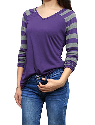 Allegra K Women's Striped Long Raglan Sleeves V Neck T-Shirt XL Purple