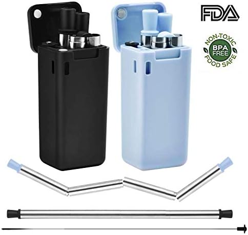 2 piece -set collapsible straw reusable stainless steel collapsible straw end folding high food grade portable set with hard cover cleaning brush (Blue and Pink)