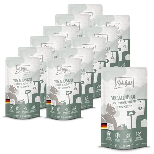 MjAMjAM - premium wet food for cats - Quetschie - excellent veal & turkey with delicious carrots, pack of 12 (12 x 125 g), grain-free with extra meat