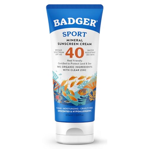 Badger Company, Sport, Mineral Sunscreen Cream, SPF 40, Unscented, 2.9 fl oz (87 ml)