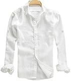 Youhan Men's Long Sleeve Fitted Linen Shirt Medium White