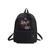 Qinlee Rose Pattern Canvas Backpack Casual Travel Bag Fashional Black and White Student Bookbag for Girls and Women (Black)31 x 39 x 11cm