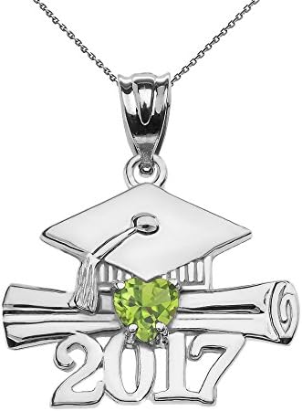 Sterling Silver Heart August Birthstone Class of 2017 Graduation Pendant Necklace , 18"