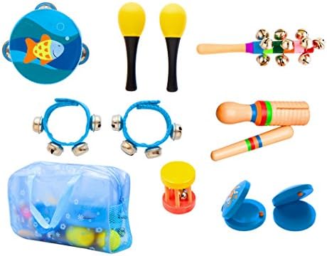 Toddler Musical Instruments - LeQeZe 7 Types 10pcs Baby Rattle Set Musical Gift Preschool Learning Percussion Toy for Kids Rhythm Band Toys with Storage Bag