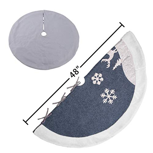 7Felicity Christmas Tree Skirt 48 inches, Fur Rustic White Xmas Tree Skirt,Snowy Christmas Trees Mat Decorations Indoors,Deer and Snowflake Pattern (White Deer) - Thumbnail 5