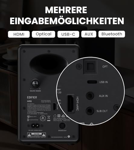 M90 Regal-Lautsprecher, 100 W RMS Desktop-Lautsprecher, Hi-Res-Audio, LDAC, Bluetooth 6.0, kompakter Lautsprecher, HDMI eARC/optischer/USB-C/AUX-Eingang, SUB Out, Aktivlautsprecher – Schwarz