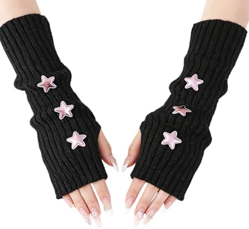 Y2K Coquette Stars Arm Warmers Cute Knit Fingerless Gloves Gyaru
