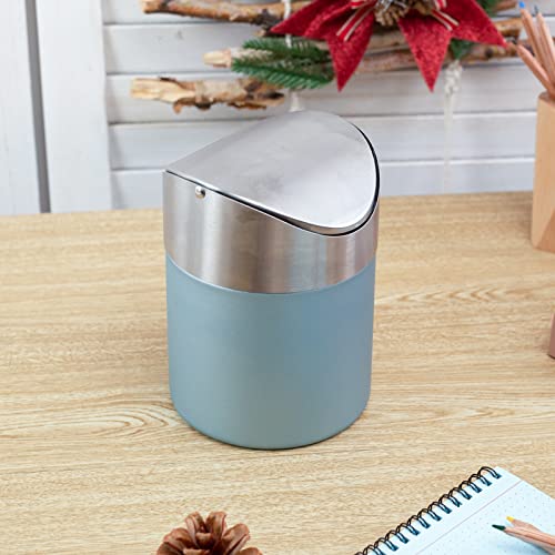 LOVEINUSA Countertop Trash Can with Swing Lid, 1.5L Mini Table Trash Can Brushed Stainless Steel Garbage Bin Light Blue for Office Bar Kitchen Bathroom