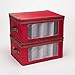 Household Essentials Holiday Wine Glass Storage Box, Strong Frame and Handles, Windowed Panel, Fully Removable Lid, Stackable and Foldable, Perfect for Wider Stemware, Red with Green Trim