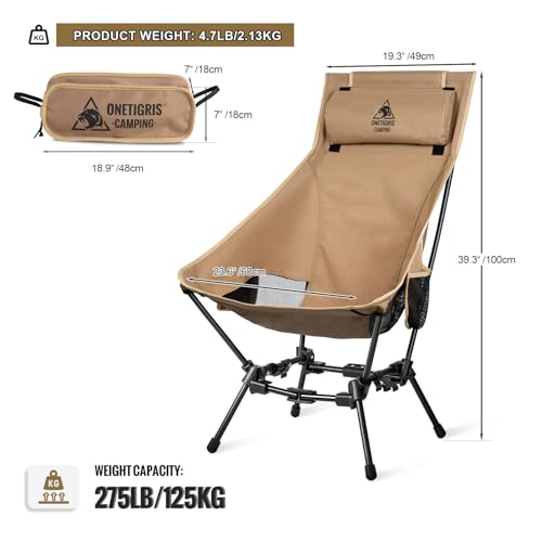 OneTigris Camping Chair with Detachable Cushion, 150 kg Capacity, Compact Portable Folding Chair for Camping, Hiking, Travel, Beach, Festivals, Backpacking