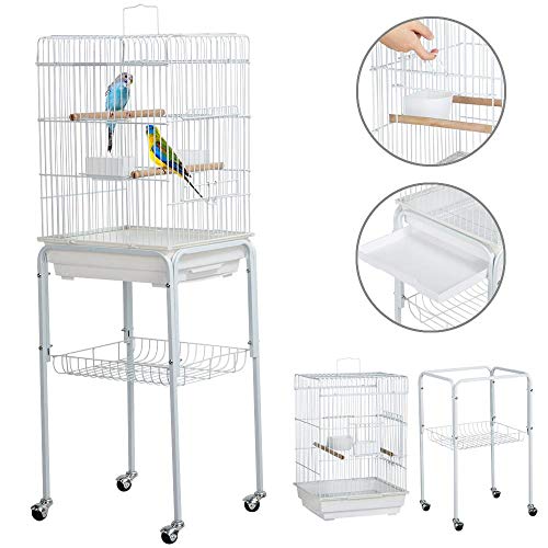 Yaheetech 47″ Iron Rolling Small Bird Cage for Caique Quaker Monk Indian Ring Neck Mid-Sized Parrots Cockatiels Sun Parakeets Green Cheek Conures Pet Bird Cage with Detachable Stand, White