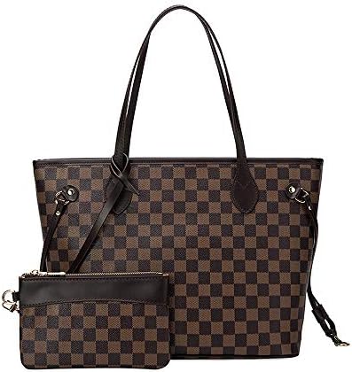 Designer Leather Checkered Tote Bags Set for women, Fashion PU Tote Handbags Purse, Top Handle Shoulder Bags