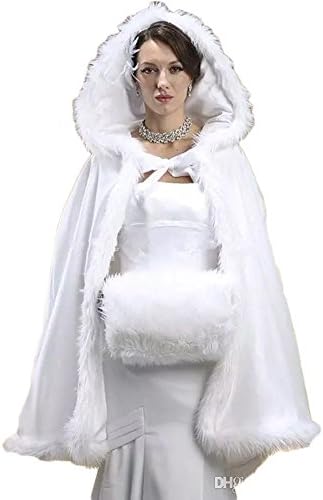 Vicokity Winter Short Capes With Faux Fur Edge Hooded Bridal Wedding Cloak Bride Poncho Wraps (White Style 1)