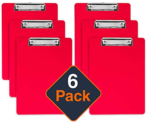 Plastic Clipboards (Set of 6) Multi Pack Clipboard (Red) Strong 12.5 x 9 Inch | Holds 100 Sheets! Acrylic Clipboards with Low Profile Clip | Cute Clip Boards Board Clips (Red)