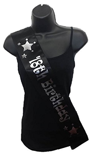 Cards Galore Online Black Happy 18th Birthday Party Satin Ribbon Sash - Age 18 Silver Stars