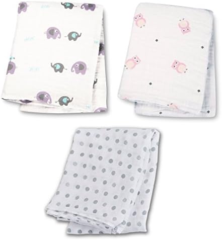 Lulujo Bamboo Rayon Muslin Cotton Swaddling Blanket, 47" x 47", 3 Pack, Option 7