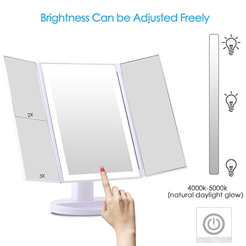 Makeup Vanity Mirror 36 Natural 4 LED Taped- Lights Newest Tri-fold Mirror with Touch Screen and USB Charging/AAA Batteries, 180°Rotation Adjustable Stand freely on countertop, 1X/2X/3X Magnification - Thumbnail 3
