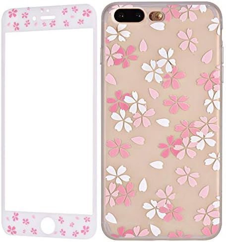 Wafly iPhone 7 Plus Silicone Case with Tempered Glass Screen Protector, iPhone 8 Plus Cherry Case, Floral Slim Soft Full Protective Case Bumper Cover for iPhone 8 Plus/7 Plus, 5.5”-Women Girls