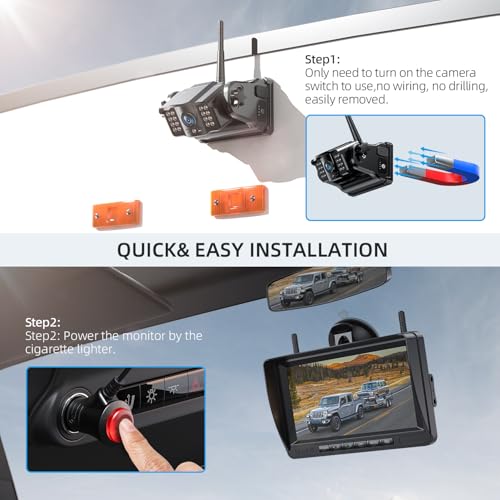 eRapta 2 Magnetic Reversing Cameras Wireless with 7 Inch 1080P Monitor: 9600 mAh Battery 2 Mins DIY Installation & Dual Split Wireless Reversing Camera, IP69K Waterproof Reversing Cameras for Car, Truck, Van
