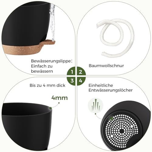 Blumentöpfe 6 Set Selbstbewässernd Schwarz 20.3cm/17.8cm/16.5cm/15.2cm/14cm/12.7cm Blumentopf Pflanzentopf mit Untersetzer,Anzuchttöpfe,Zimmerpflanzen,Fensterbank deko