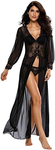 Ruyan Women’s Sheer Long Sleeve Lace Robe Gown Sexy Babydoll Lingerie Nightwear Dress with Thong