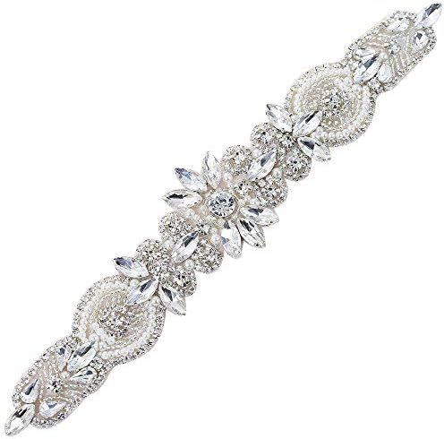 Rhinestone Beaded Wedding Dress Applique Sparkly for Bridal Ribbon Belt Iron on Crystal Thin Jeweled Sash Applique for Women Formal Prom Evening Bridesmaid Gown