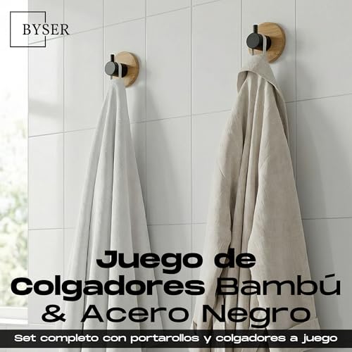BYSER Adhesive Toilet Paper Holder with Shelf + 2 Hooks, Black Stainless Steel and Bamboo, Toilet Paper Holder Wall Without Drill, with Modern Bathroom Accessories