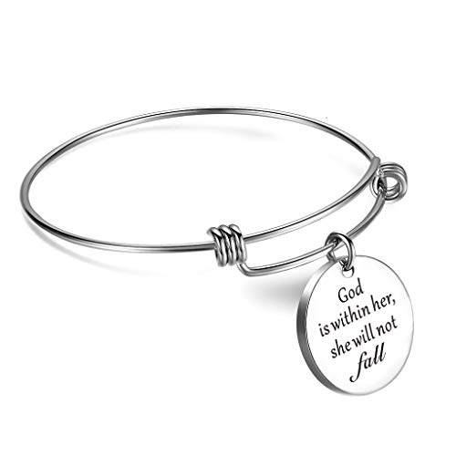 SOUSYOKYO "God is Within her. she Will not Fall" Handmade Beautiful Christian Bangle Charm Bracelet