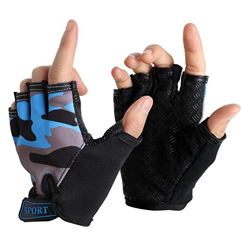 NATURE Ann Boy Girl Child Children Kid Half Finger Fingerless Short Shock-Absorbing No-Slip Pro Cycling Gloves Mitten for Cycling MTB Exercise Skate Skateboard Roller Skating Other Sports (Blue+Grey)
