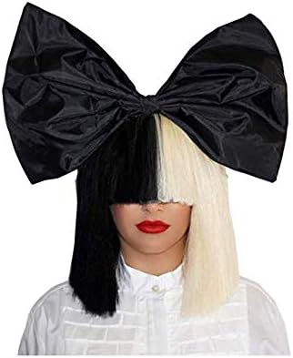 FIGHTART Sia Costume Wig 2 Tone Half Blonde Black Bob Wig with black Bow Premium Quality Synthetic Hair SIA Cosplay Wigs for Halloween & Rocker Parties,Design for Women & Girls