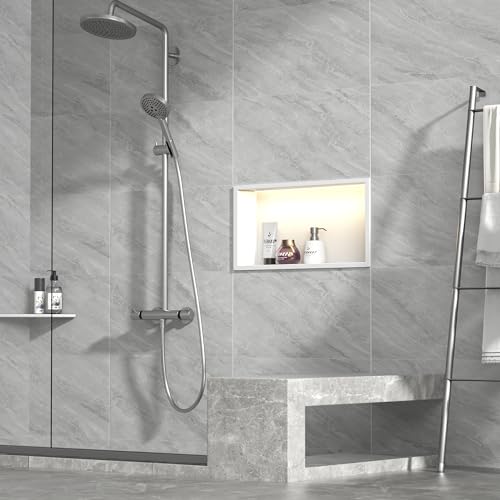 Bernkot Stainless Steel Shower Nische 600 mm x 300 mm White with LED Light Waterproof No Tile Needed for Bathroom Storage Over Installation Mounted