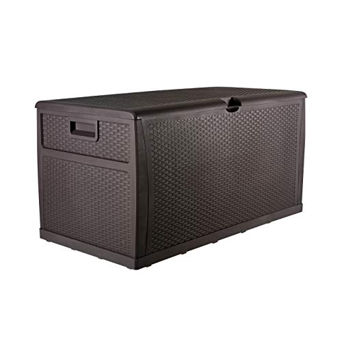 Ainfox Patio Storage Deck Box, Outdoor Storage Plastic Bench Box - All Weather Resin Wicker Deck Box Storage Container Bench Seat (Brown)